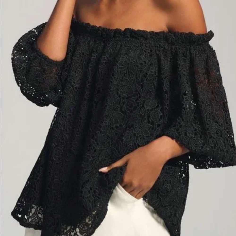 Maeve Black Lace Puff Sleeve Top L